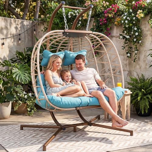 BULEXYARD Double Egg Chair with Stand Indoor Outdoor 2 Person Large Wicker Hanging Swing Chair Oversized Twins Patio Loveseat 2 Seat Beige Rattan Light Green Cushions with Cover - color: Beige/Light Green, size: 2 Seats with Cover