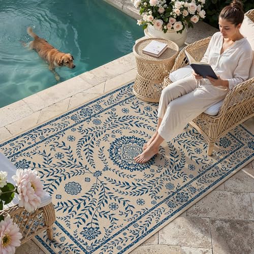 HUGEAR 3x5 Vintage Jute Outdoor Indoor Rug Washable Linen Textured Weave High Traffic Stain Resistant Non Slip Durable Carpet for Patio Deck Balcony Courtyard (Floral Blue, 3' x 5') - color: Floral / Blue, size: 3'x5' (Rectangular)