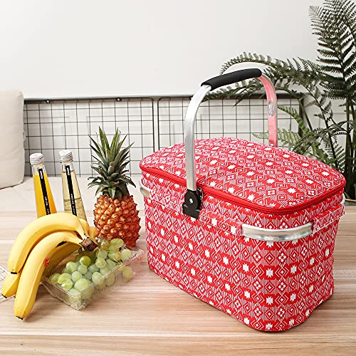 Insulated Picnic Basket 26L Portable Collapsible Market Leakproof Tote with Aluminum Handle for Camping, Shopping, Travel, Large Size (Red) - color: Red