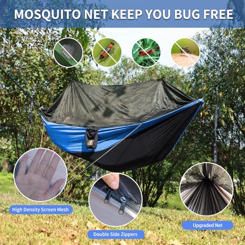 Camping Hammock with Net,Travel Portable Lightweight Hammocks with Tree Straps and Solid D-Shape Carabiners,Parachute Nylon Hammock for Outsides Backpacking Beach Backyard Patio Hiking - color: Dark Grey & Blue, size: Large