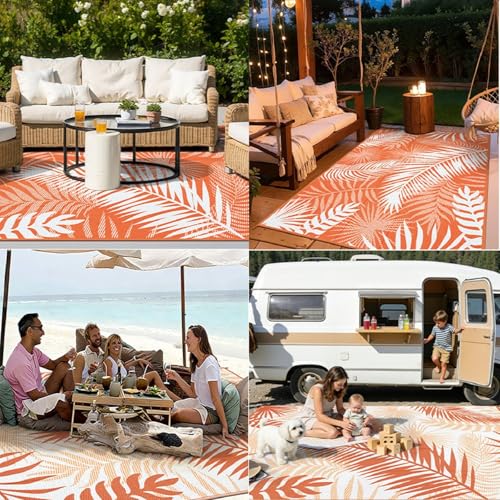 Outdoor Patio Rug, 6'x9' Plastic Straw Waterproof Mat, Reversible Camping Rug for RV Outside,Colorful Outside Layering Rug for Patios, Backyard, Deck, Balcony,Beach, Orange & White - color: Orange, size: 6' x 9' (Rectangular)