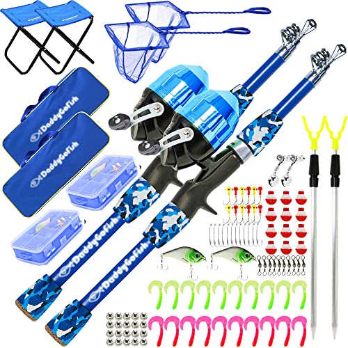 DaddyGoFish Kids Fishing Pole - Rod Reel Combo Tackle Box Starter Set - First Year Small Dock Gear Kit for Boys Girls Toddler Youth Age Beginner Little Children Junior Anglers - color: 2 Pack- Blue + Blue (Complete Set), size: 4ft