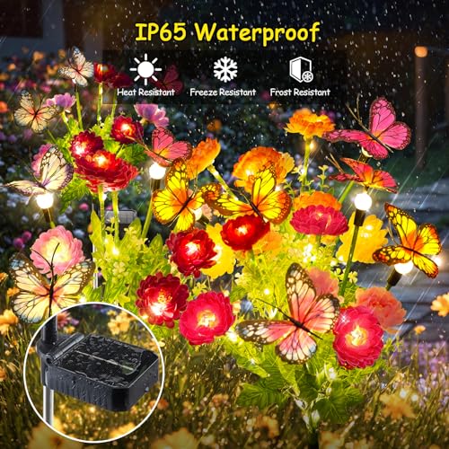 GARPAR Solar Garden Decor, 3 Pack Solar Lights with 9 Butterflies & 21 Blooming Flowers, Solar Flowers Outdoor Waterproof, Garden Lights for Outdoor Decorations