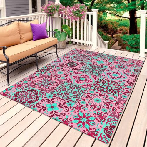 Vintage Middle Century Outdoor Rug 6' x 9', Abstract Bohemia Style Aztec Pink Washable Area Rug for Outdoor Indoor, Non Slip Outside Large Rugs Carpet for RV Patio Backyard Picnic Camping Porch Deck - color: Pink, size: 6' x 9' (Rectangular)