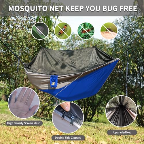 Camping Hammock with Net,Travel Portable Lightweight Hammocks with Tree Straps and Solid D-Shape Carabiners,Parachute Nylon Hammock for Outsides Backpacking Beach Backyard Patio Hiking Blue & Grey - color: Blue & Grey, size: Large