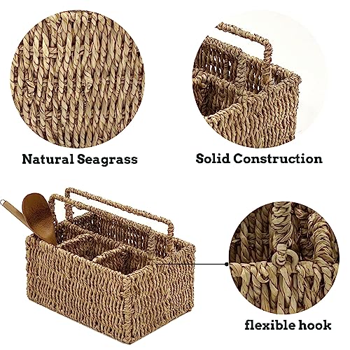 PEMAR Large L-Sized Hand Woven Utensil Caddy Carrier, Natural Jute Wicker Condiment Holder for Table, Kitchen Set Counter Top Silverware Organizer, Rustic Storage for Forks, Spoons, Seagrass