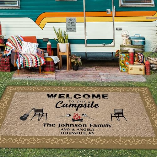 Custom RV Rug Welcom to Our Campsite Trailer Decor Floor Mat for Outdoors, Patio, Backyard, Picnic, Beach, Camping, 48 x 72 Inch - color: Welcom to Our Campsite 2, size: 4' x 6' (Rectangular)