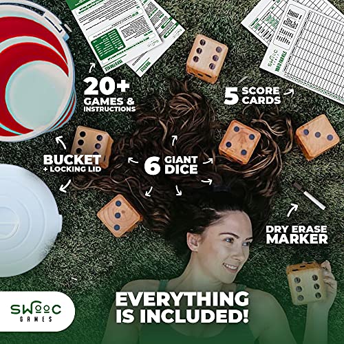 SWOOC Games - Yardzee, Farkle & 20+ Games - Classic Red Shaker Edition (All Weather) - Yard Dice Game Set with Red Collapsible Bucket, Lid, 5 Big Laminated Score Cards & Marker - Outdoor Yard Game - color: Red, size: 3.5" Dice