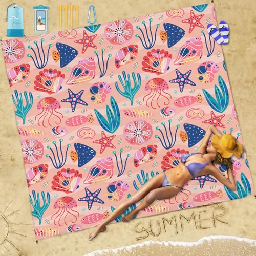 Famstar Beach Blanket Sandproof Waterproof 78''×81''1-5 Adults Oversized,Compact Lightweight Durable Beach Mat for Travel Camping Hiking Picnic Blanket - color: Colorful Ocean, size: 78''×81''
