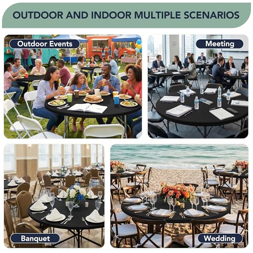 Fitted Round Table Cover with Elastic - 6 Pack Black Round Tablecloths 60 Inch, Windproof & Non-Slip Dining Circle Table Protector for Outdoor Picnic, Party, Event - color: Black, size: 60 Round, 6 Pack
