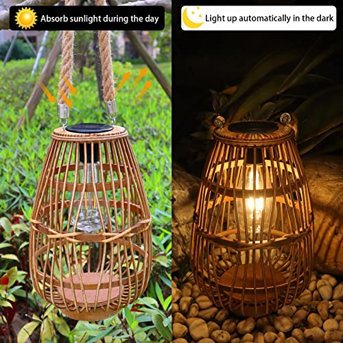 Solar Lantern Outdoor Waterproof Large Rattan Lanterns Decorative Bright Boho Lanterns Lights with Handle Rustic Hanging or Table Lamp for Fence Porch Garden Yard Wedding Decoration - size: Rattan 2