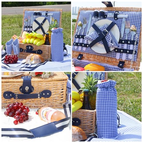 Picnic Basket for 2 with Blanket, Willow Picnic Basket Set with Shoulder Strap&Wine Pouch, Large Willow Hamper with Insulated Cooler for Outdoor, Camping, Beach, Couples, Wedding Gift - color: Blue and White Grid