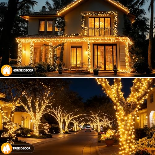 Solar String Lights Outdoor Waterproof 2 Pack Total 66ft 200LED 8 Modes Twinkle Lights Solar Fairy Lights for Patio, Garden Yard Party Wedding Tree Christmas Halloween Decoration, Warm White - color: Warm White
