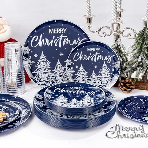 Supernal 150pcs Blue Christmas Plastic Plates - Christmas Party Tableware Set Include Blue Plastic Plates with White Xmas Trees, Heavy Duty Silverware Disposable, Silver Cups for New Year - color: 150pcs Blue and White Christmas Plastic Dinnerware Set