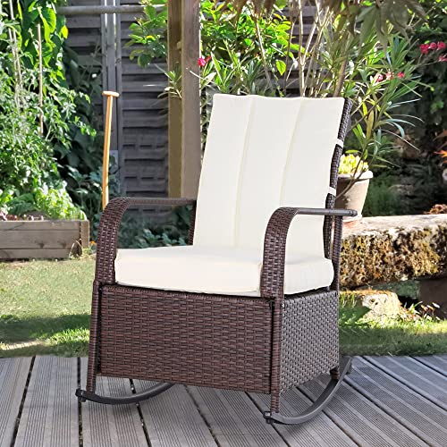 Outsunny Wicker Outdoor Rocking Chair, Patio Recliner with Adjustment Backrest, PE Rattan Lounge Chair with Adjustable Footrest and Cushions for Garden, Backyard, Porch, Beige - color: Multi Color