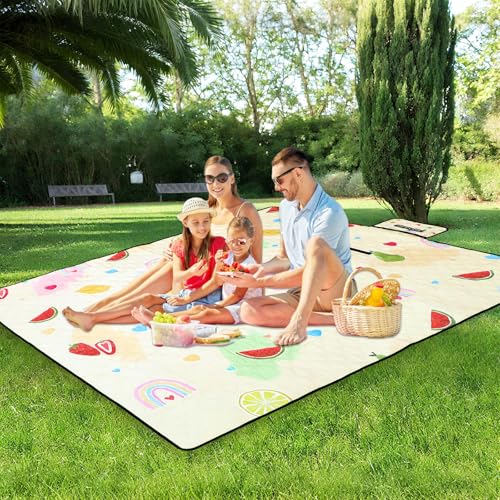Cute Large Picnic Blanket 79"X60" Waterproof Outdoor Picnic Beach Mat Rug Sand Proof Foldable Compact & Portable Cozy Blanket for Camping Lawn Grass Hiking Concerts Tent Indoor Play Mat, Fruit & Heart - color: Fruit