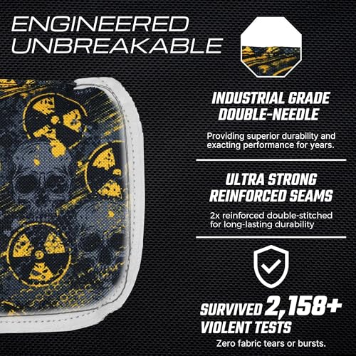 Professional Cornhole Bags Set of 8 - Dual Sided Stick & Slide (Suede/Woven) - Premium Resin Filled Regulation Weight & Size (6x6, 16oz) - Double Stitched Reinforced Seams with Carry Tote - color: Radioactive Skulls