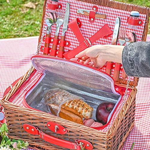Picnic Basket Set 4 Person Wicker Picnic Basket Handmade Picnic Blanket Equipped with Incubator and Cutlery Suitable for Picnics in Lakeside Parks and Beach Vacations