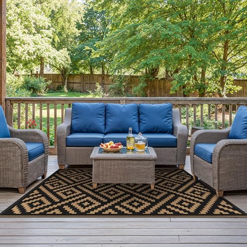 sarben Outdoor Rug for Patio - Waterproof Plastic Straw Camping Rugs 4x6 ft, Reversible Outdoor Indoor RV Mat Carpet for Patio, Porch, Deck, Balcony, Picnic, Beach, Black Brown - color: Black&brown, size: 4' x 6' (Rectangular)