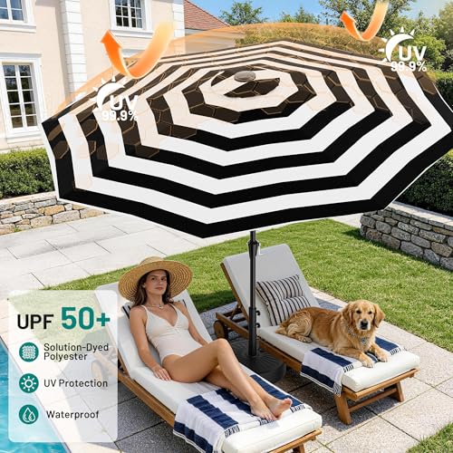 AreShark 9 FT Patio Umbrella for Outdoor, Outdoor Table Umbrella with Push Button Tilt and Crank, Outdoor Patio Umbrellas with 8 Sturdy Ribs for Market, Garden, Pool (Black & White Stripe) - color: Black & White Stripe, size: 9ft