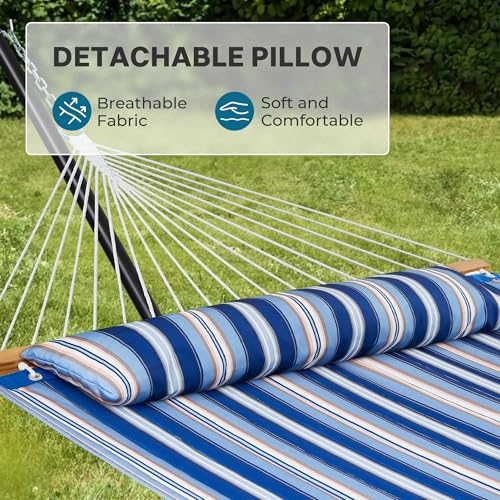 SUPERJARE Hammock with Stand, 2 Person Quilted Outdoor Hammock, Detachable Pillow & Bamboo Spreaders, Portable Hammock with Carrying Bag, Heavy Duty Stand, Perfect for Outside, Navy Blue Stripe - color: Navy Blue Stripe, size: 55.1"W × 74.8''D × 43.3''H