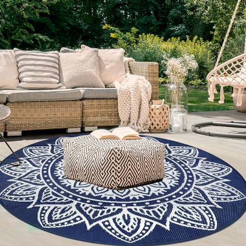 famibay 6 Ft Round Boho Outdoor Plastic Straw Rug, Waterproof, Portable, Reversible, UV-Resistant, Patio, Porch, Camping, Dark Blue - color: Dark Blue, size: Round 6ft