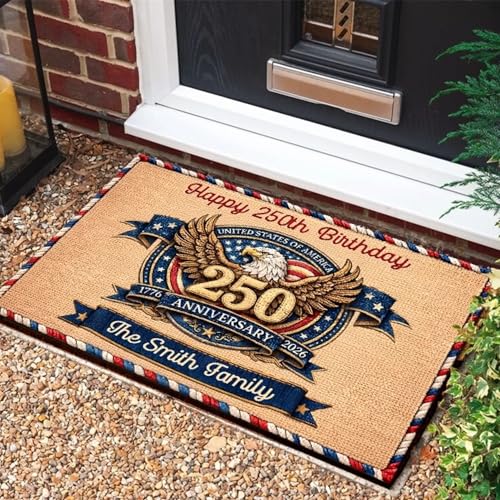 250th Birthday USA Faux Yarn Pattern Personalized Doormat Custom Family Name Patriotic Rug America's 1776–2026 250 Years Anniversary Welcome Door Mat Outdoor Decor for 4th of July Dad Mom - color: Multi 6
