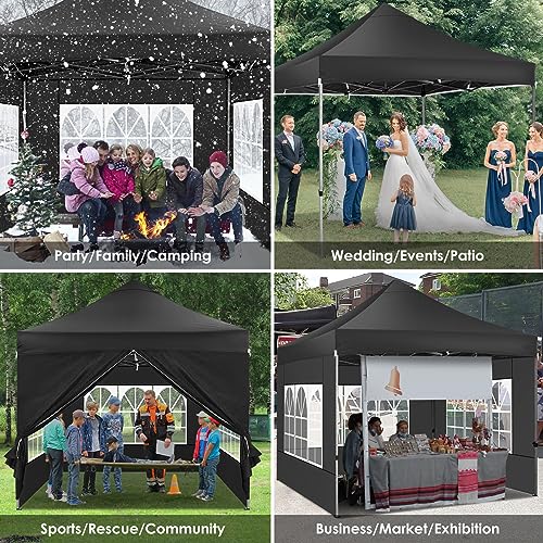COBIZI 10x10 Heavy Duty Pop Up Canopy Tent with 4 Sidewalls Thicken Frame, Commercial Easy Up Outdoor Wedding Party Tents, All Season Waterproof Windproof with Stakes Sandbags Ropes Roller Bag, Black - color: Black, size: 10x10