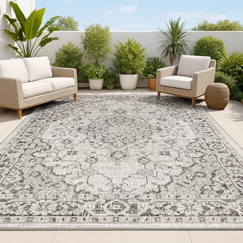 JONATHAN Y Boho Medallion Indoor Outdoor Area Rug 5X8 Gray/Black, Rozetta Textured Weave for Backyard, Patio, Porch, Easy-Cleaning, High Traffic, Pet-Friendly, Non-Shedding (SMB102D-5) - color: Gray/Black, size: 5'3" x 7'7" (Rectangular)
