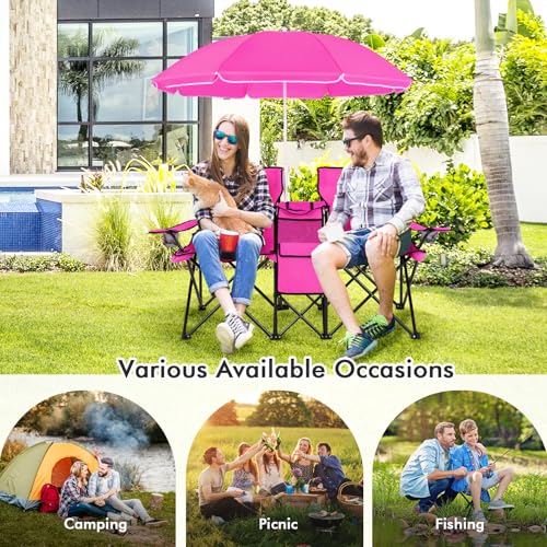 Goplus Double Camping Chair with Umbrella, Folding Loveseat Chairs w/Canopy Shade, Carrying Bag, Table, Cup Holder, Portable Beach Chairs Outdoor Picnic Patio (Pink) - color: Pink