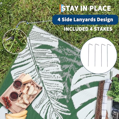 Outdoor Rug Washable 8x10 ft, Reversible Plastic Straw Mat, Patio Rug with 4 Stakes, Outside Quick Dry Carpet, for RV, Camper, Deck, Balcony, Porch, Beach, Picnic - Green and White - color: Green & White, size: 10' x 8' (Rectangular)