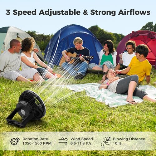 Portable Camping Fan with LED Lantern, 24HRS Running 8inch Rechargeable Tent Fan, Powerful 3-Speed 180° Rotate with Hook, Quiet for Outdoor RV Travel Fishing Hurricane Emergency Power Outage - size: 8 inch