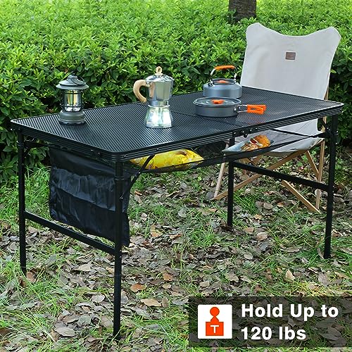 JOUYEK Folding Grill Table, 4x2 FT Portable Camping Table, Lightweight Height Adjustable Metal Tables with Mesh Desktop and Mesh Bag, Outdoor Tables for Camping, Picnic, Beach and BBQ, Black - style: 4x2 FT