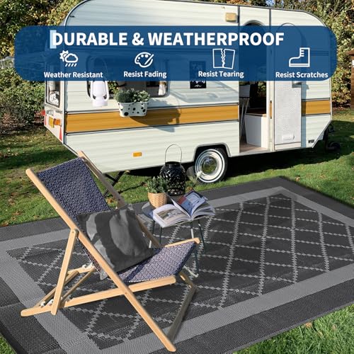 Outdoor Rug Waterproof 9x12 Plastic Reversible Patio Rug with Carry Bag & Stakes, Geometric UV-Resistant Hose-Cleanable Foldable Floor Camping Mat for Balcony RV Backyard Black Grey - color: Geometric1 - Black&grey, size: 9' x 12' (Rectangular)