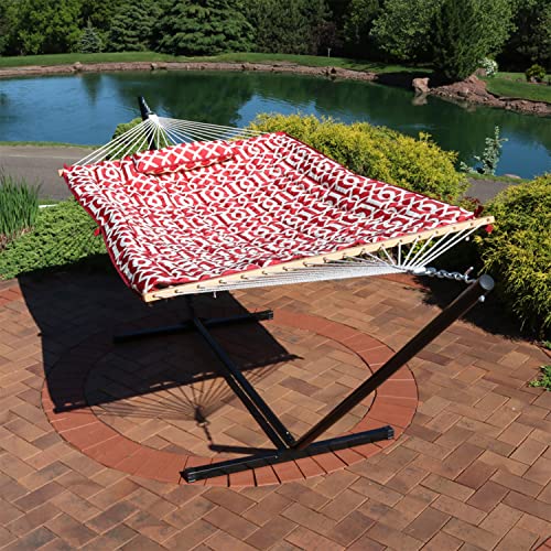 Sunnydaze Rope Hammock with Stand for Outside - Heavy Duty Freestanding Portable Outdoor Hammock Set with Quilted Pad, Pillow, and 12-Foot Steel Frame - 275 lb Capacity - Royal Red - color: Royal Red