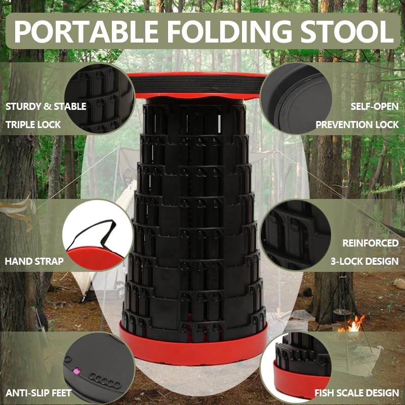 JAEMEYEM Collapsible Stool Chair, Upgraded Folding Stool for Adults Lightweight, Sturdy, Adjustable, Portable, Foldable Seat Sturdy Stools for Outdoor Camping Fishing Hiking Gardening BBQ - color: Black Red, size: 1 pack