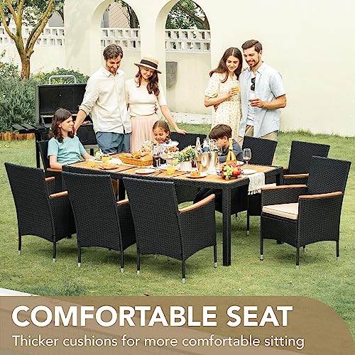 Devoko Outdoor Patio Dining Sets 9 Pieces Wicker Outdoor Dining Table and Chairs Set with Acacia Wood Table Top and Widened Armrests for Backyard, Garden, Deck (Black) - color: Black, style: 9 Piece Dining Set
