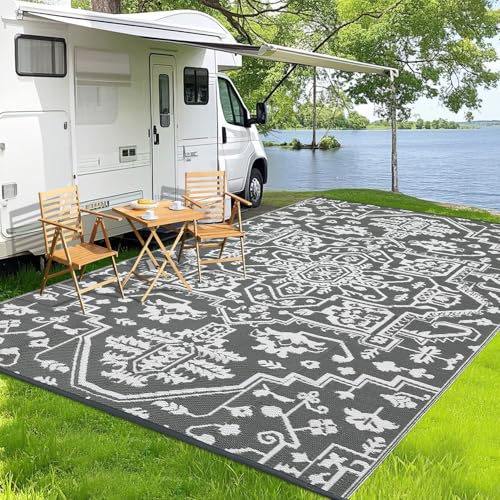 GarveeHome Outdoor Rug 8x10 Vintage Reversible Plastic Straw Rugs Vintage Medal Patio Rug Waterproof Camping Outdoor Rug UV-Resistant Outside Mat for Porch Deck Backyard Balcony Garden, Gray White - color: Vintage | Grey White, size: 8' x 10' (Rectangular