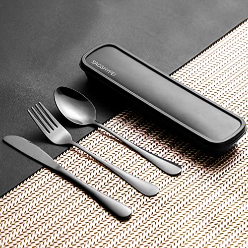 Portable Utensils Set with Case, 4pcs Stainless Steel Reusable Silverware for Lunch Camping School Picnic Workplace Travel, Lunch Box Includ Fork Spoon Knife,Easy to clean,Dishwasher Safe(Black) - color: Black1
