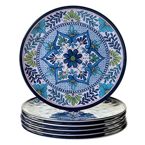 Certified International Talavera 11" Melamine Dinner Plates Feature Vibrant Blue, Green, and Floral Patterns. They are Durable, Lightweight, and Perfect for Indoor and Outdoor Dining, Service for 6.