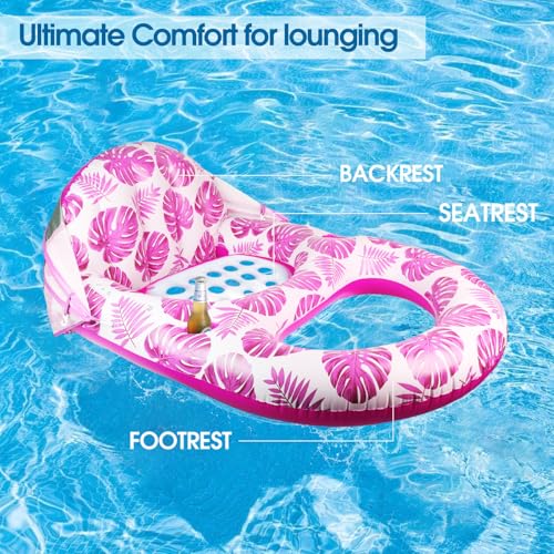 COOLCOOLDEE Pool Lounge Float with Canopy UPF50+,Extra Large Pool Floats for Adults Heavy Duty,Inflatable Lounger Float with Cup Holder & Backrest,Footrest - color: Pink