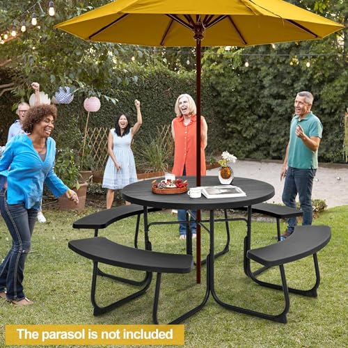 Round Picnic Table for Outdoors, 8 Person Outdoor Picnic Tables & Benches Set with Umbrella Hole, HDPE Tabletop & Metal Frame, 2000 LBS Capacity Table Bench Set for BBQ, Garden, Lawn, Patio - color: Black