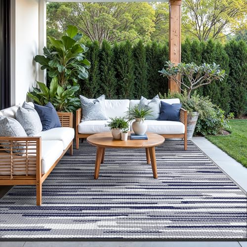 GENIMO Outdoor Rug for Patio Clearance, 8'x10' Waterproof Camping Mat, Reversible Plastic Straw Rugs for RV, Camper, Balcony, Backyard, Picnic, Deck (Blue White) - color: Blue White, size: 8' x 10' (Rectangular)