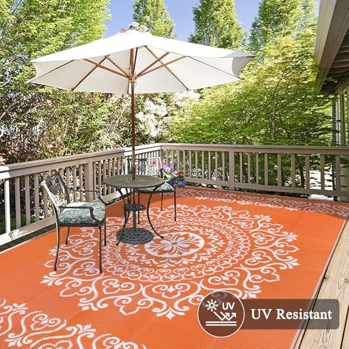Pauwer Waterproof Outdoor Rug 6x9, Reversible Plastic Straw Patio Camping Rug, Indoor Outdoor RV Mat Carpet for Deck, Camper, Porch, Balcony, Backyard, Picnic, Floral Orange - color: Floral Orange, size: 6' x 9' (Rectangular)