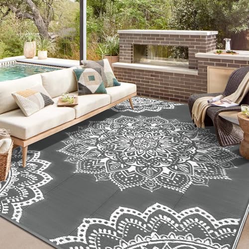 Yamaziot Waterproof Outdoor Rug 8x10 ft, Reversible Plastic Straw Rug for Patio Clearance, Camping, RV Mat, Large Outside Rug Carpet for Porch, Deck, Backyard, Balcony, Picnic (Grey) - color: Grey, size: 8' x 10'