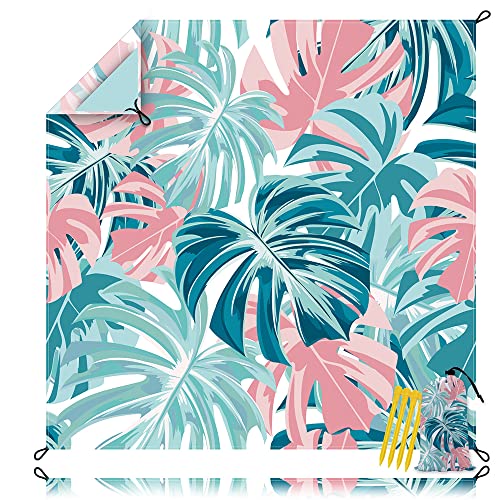 Tropical Palm Leaves Beach Blanket Sandproof Waterpoof Oversized 79"x 95" Pink and Blue Beach Mat with Corner Pockets, Lightweight Portable Mat for Beach Travel Picnic Camping Outdoor - color: Tropical Palm Leaves, size: 79"x95"