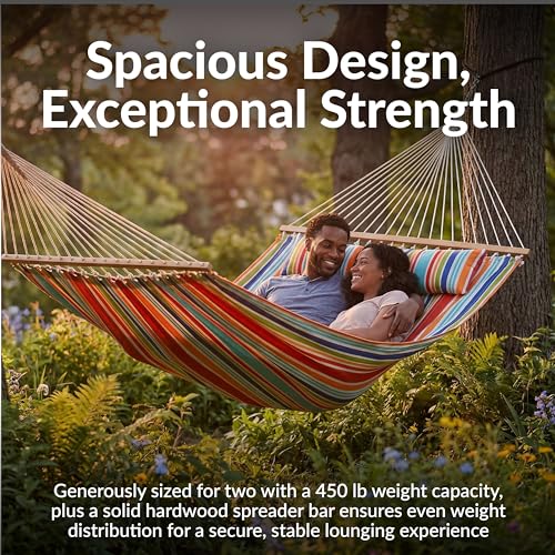 Sunnydaze Quilted Double Hammock for Outside with Spreader Bars and Pillow - 450 lb Capacity, 74x55 Inch Bed, UV Resistant, Quick Dry - Chains Included, Stand Sold Separately - Caribbean Stripe - color: Caribbean Stripe