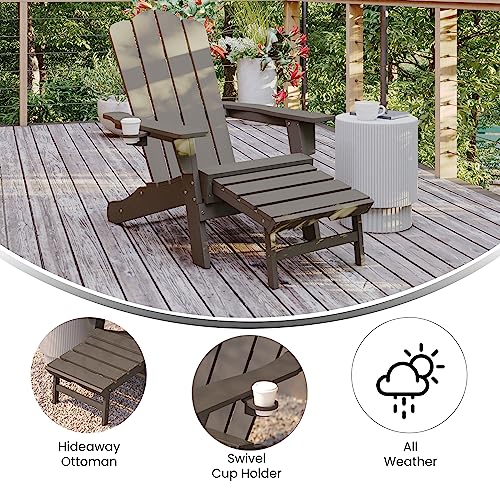 Flash Furniture Newport Poly Resin Adirondack Chair with Cup Holder and Pull Out Ottoman, All-Weather Poly Resin Indoor/Outdoor Lounge Chair, Brown - color: Brown, size: 47.25" - 33.25"dx33.75"wx35.75"h