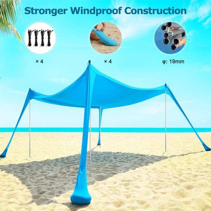 COMMOUDS Beach Tent Sun Shelter - UPF50+ Pop Up Beach Canopy with Sandbags & Sand Shovel & Windproof Poles, Portable Sun Shade for Beach, Camping, Picnics, Backyard - color: Sky Blue, size: 12 x 12 FT 4 Pole