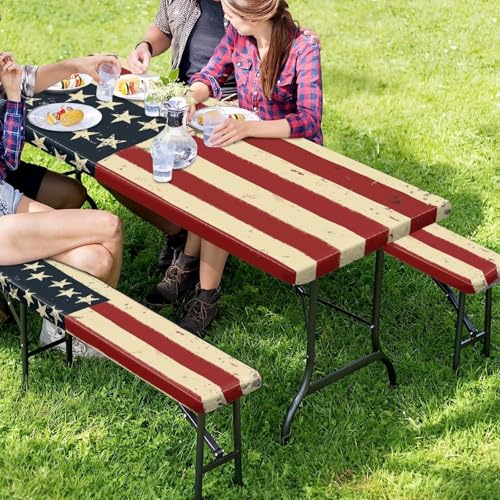 Classic American Flag Picnic Table Cover for Outdoor Camping Patriotism Elastic Fitted Table Cloth for Camping Party Supplies 3 PCS Set - color: Classic American Flag, size: Small